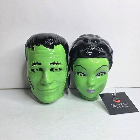 Frankenstein & Bride Light Up Target Ceramic Heads Halloween Decor Set - NEW - Picture 1 of 16